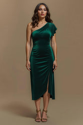 Dunkelgrünes Etui Midi Partykleid aus Samt mit Ärmeln